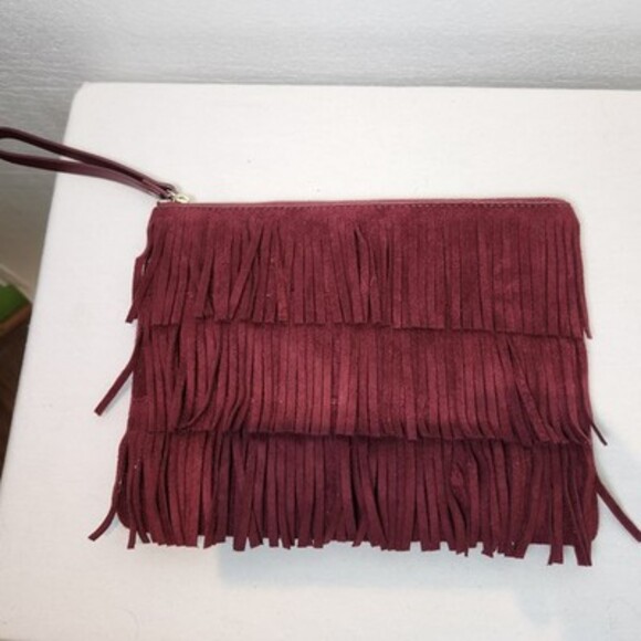 Old Navy Handbags - Old Navy Suede Feel Fringe Clutch Bag Hippie Boho Western Maroon